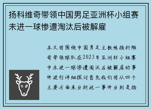 扬科维奇带领中国男足亚洲杯小组赛未进一球惨遭淘汰后被解雇